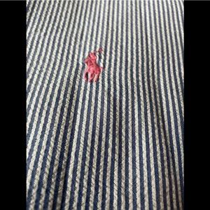 Men’s Ralph Lauren Button Down Shirt Blue Stripe Seersucker Short Sleeve Lg